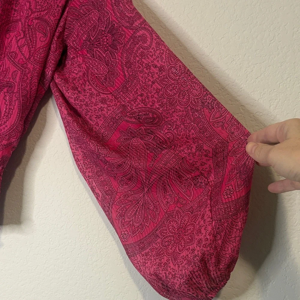 Vibrant Pink Paisley Blouse with sheer balloon sleeves Medium - Picture 5 of 7